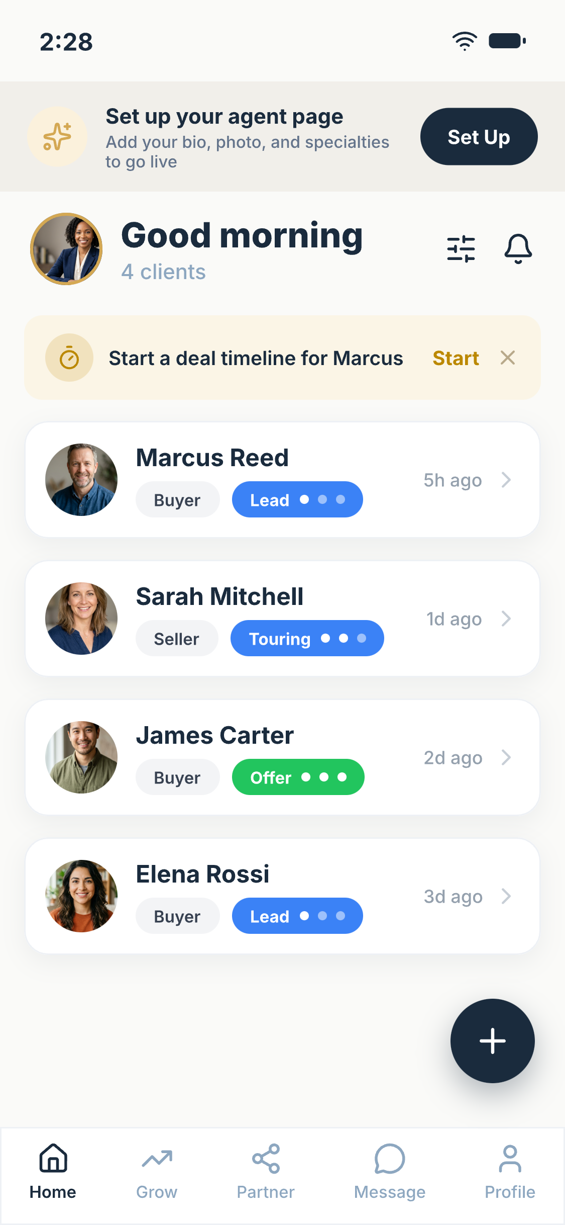 An agent's Agentora home: their share page, pipeline, and referrals in one app