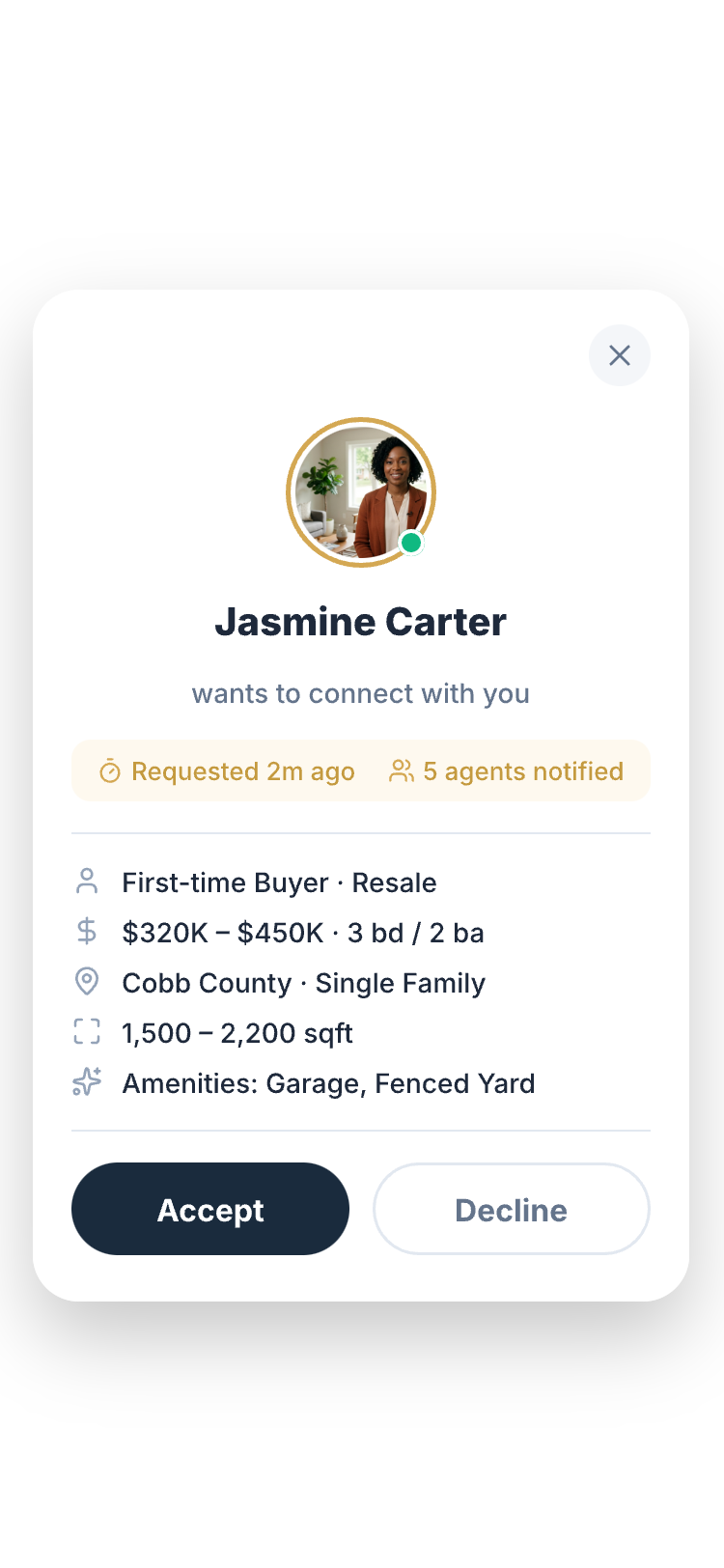 A client connection request from Jasmine Carter, a first-time buyer in Cobb County